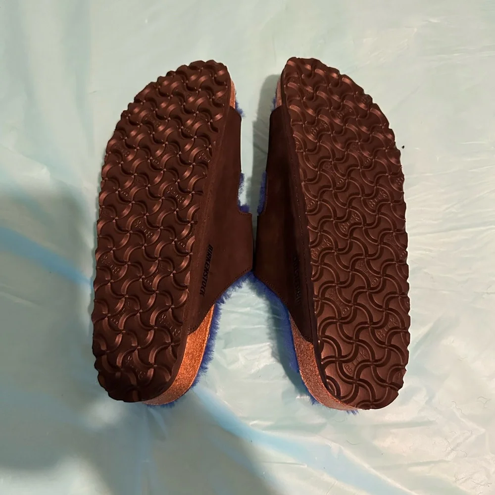 Birkenstock Arizona Shearling Blue and Brown Sandals with Double Straps - Picture 7 of 7